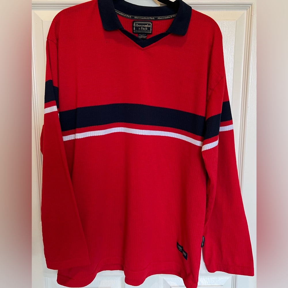 Abercrombie & Fitch Red Waffle Knit Rugby Polo Shirt L Long Sleeve Stripe